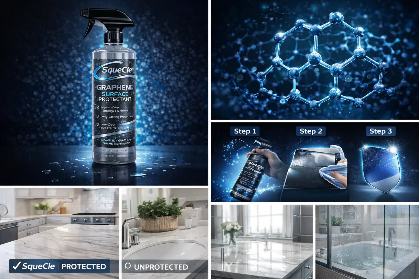 SqueCle Graphene Surface Protectant Spray – Advanced Ceramic Protection for Kitchen & Bathroom Surfaces (16 fl oz) - SqueCle