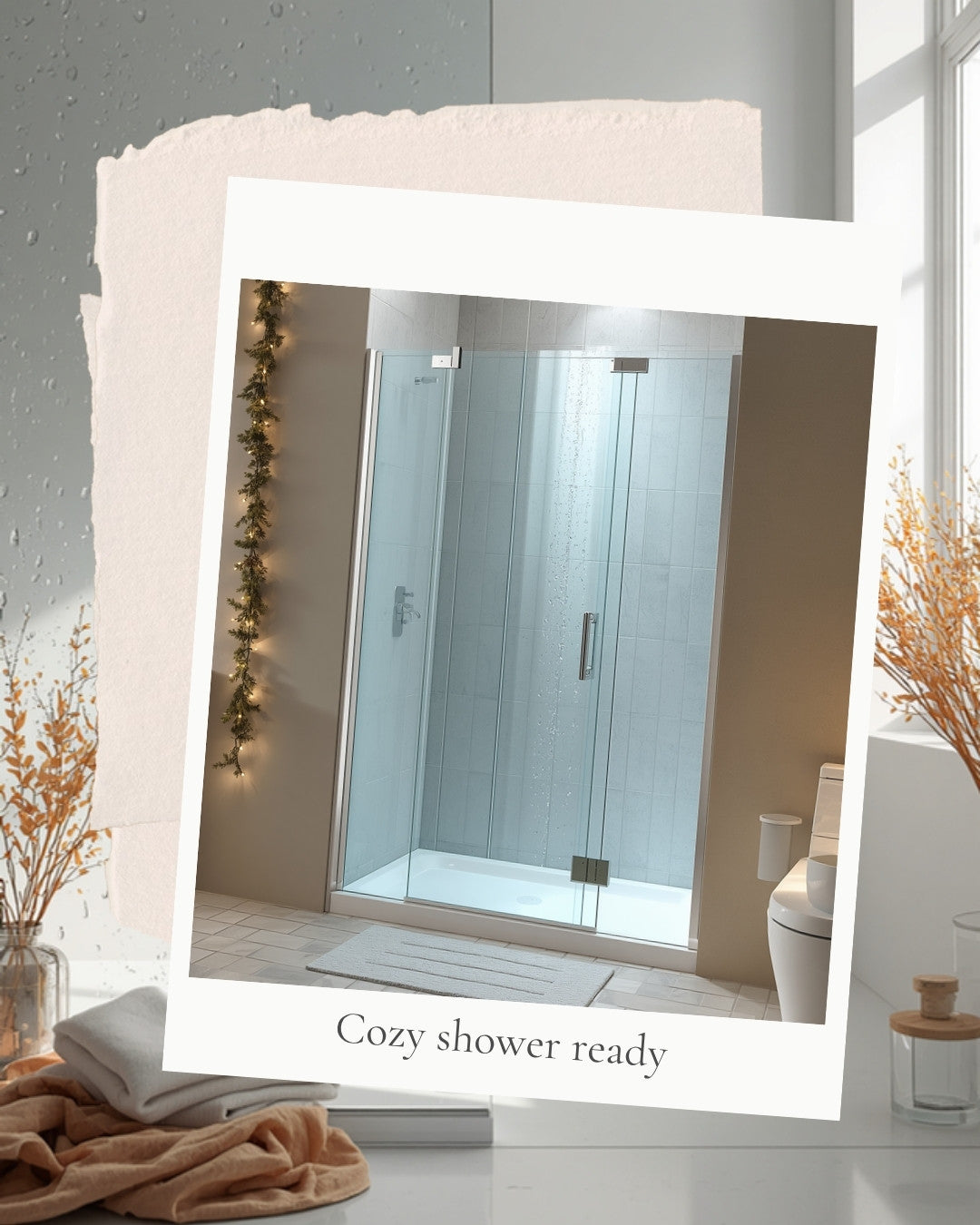 A clean glass shower door with water beading, styled for holiday guest season