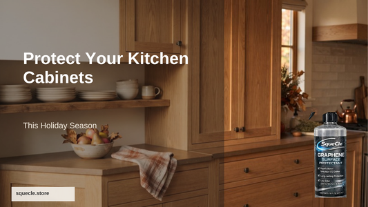 A warm wood kitchen with cabinets near the stove and a SqueCle graphene surface protectant bottle on the counter
