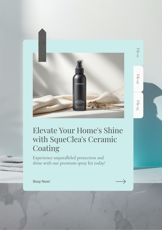 SqueCle graphene ceramic coating spray kit bottle with microfiber cloth on a stone countertop