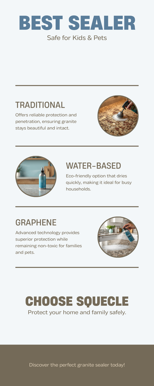 Infographic comparing traditional, water-based, and graphene-ceramic granite sealers, safe for kids and pets