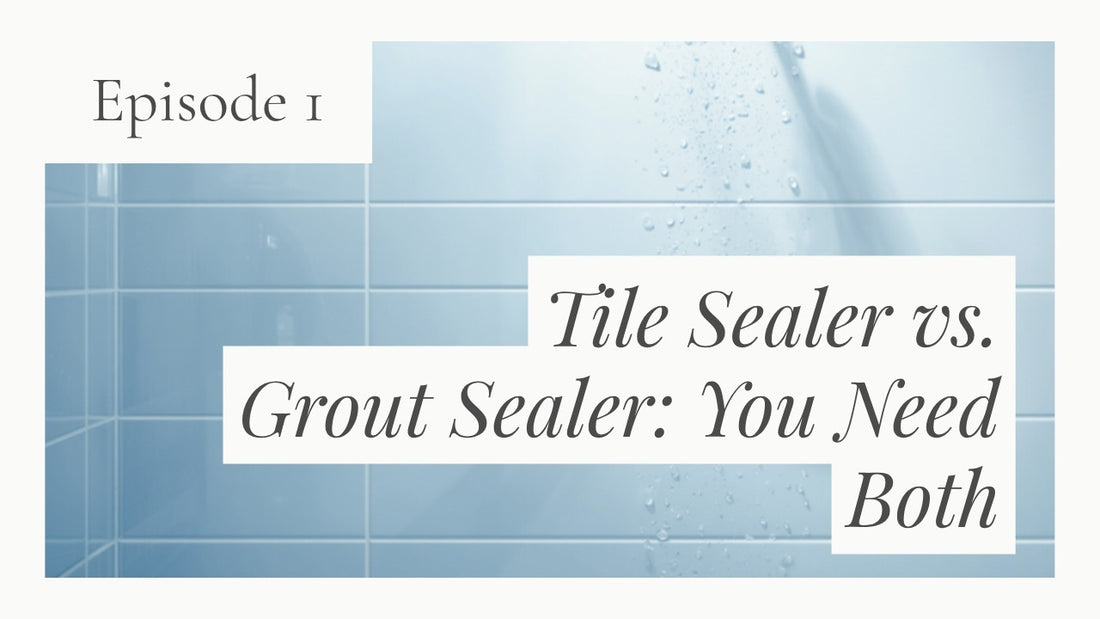 Bathroom tile with water beading off a hydrophobic ceramic surface after applying SqueCle graphene protectant spray