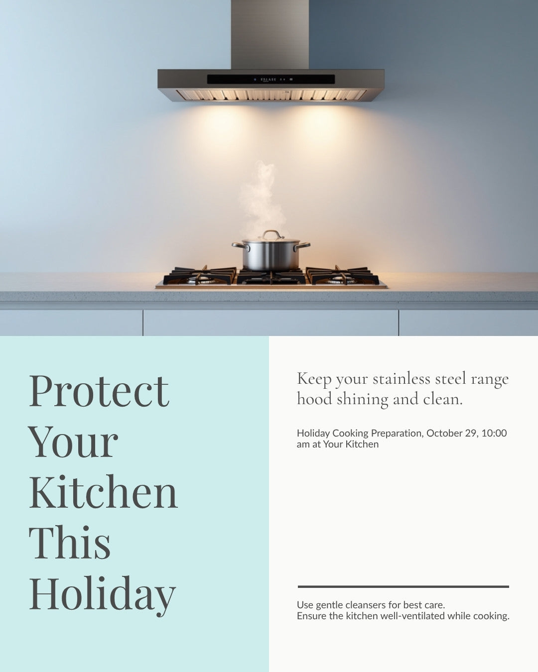 A stainless steel range hood over a stove in a warm, holiday-lit kitchen