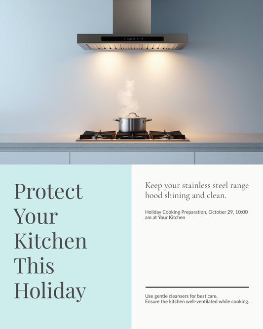 A stainless steel range hood over a stove in a warm, holiday-lit kitchen
