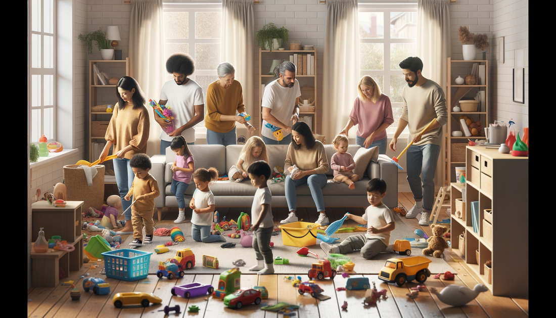 Family cleaning living room with children helping