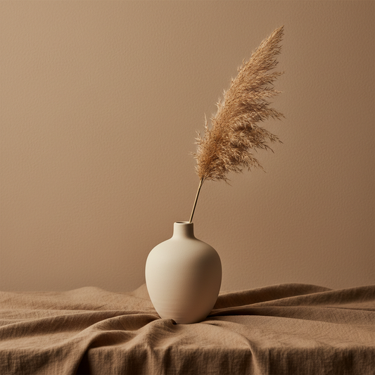 Minimalist ceramic vase with dried pampas grass on a linen surface, warm studio lighting