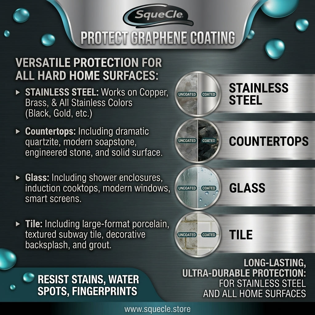 An informational graphic for SqueCle Protect Graphene Coating, showing text about protection for stainless steel, countertops, glass, and tile alongside small before-and-after coating comparison circles on a dark metallic background.