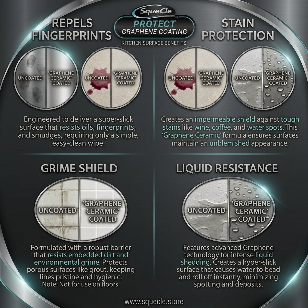An infographic detailing the benefits of Squcle Protect Graphene Coating, featuring four panels: 'Repels Fingerprints', 'Stain Protection', 'Grime Shield', and 'Liquid Resistance', each with before-and-after comparison circles showing uncoated versus coated surfaces.