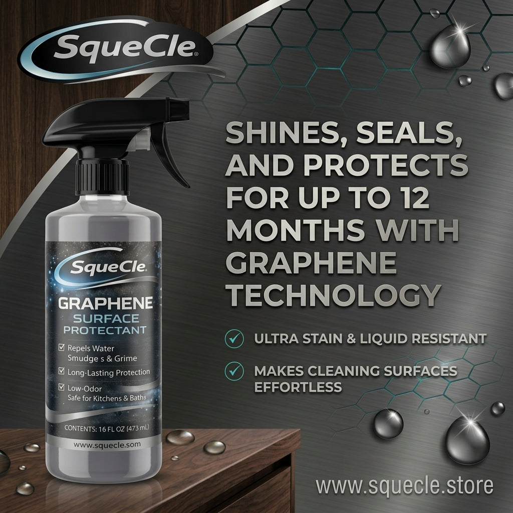SqueCle Graphene Surface Protector spray bottle on a dark wood surface against a dark metallic background with water droplets and promotional text.