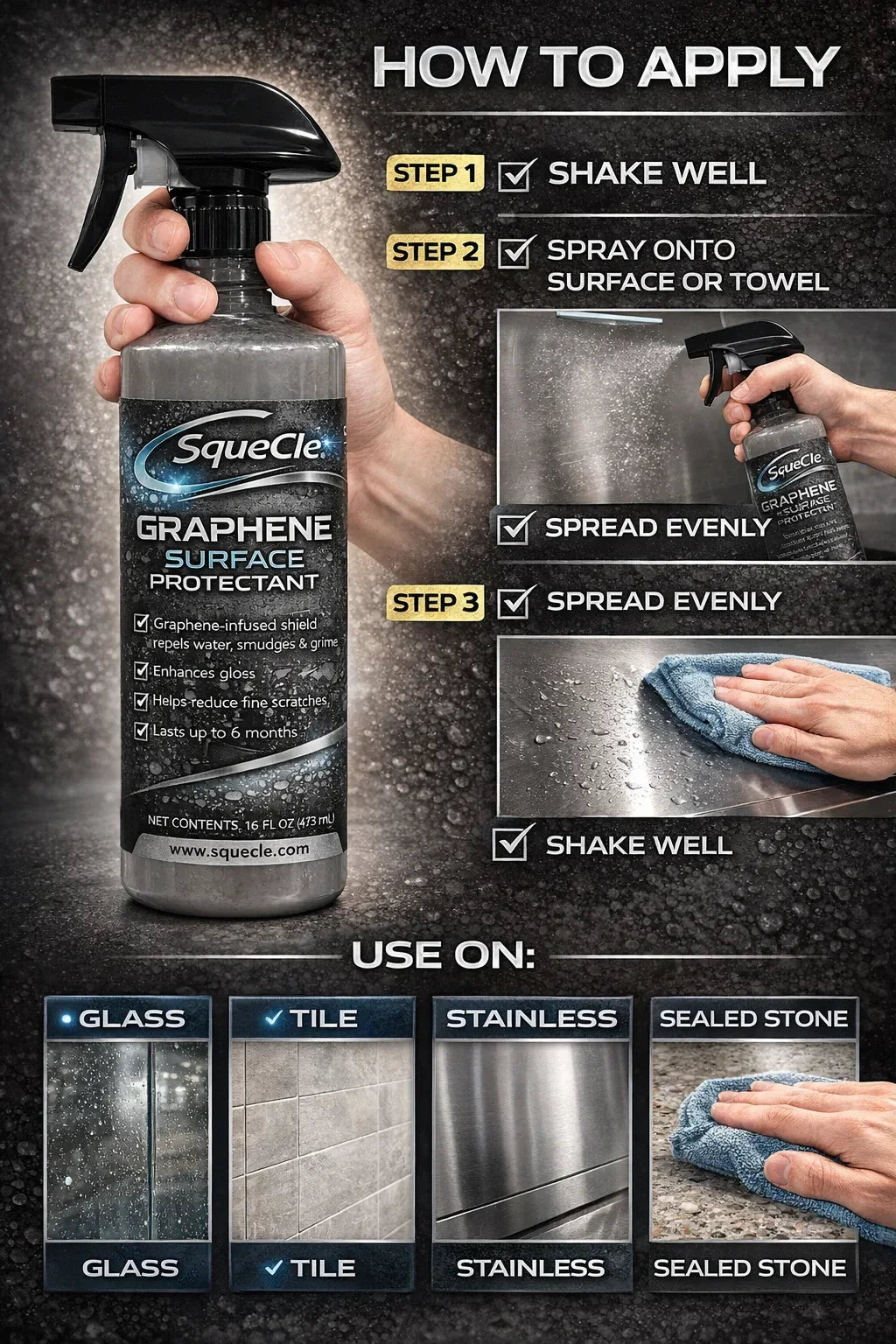 SqueCle Graphene Surface Protectant Spray – Advanced Ceramic Protection for Kitchen & Bathroom Surfaces (16 fl oz) - SqueCle