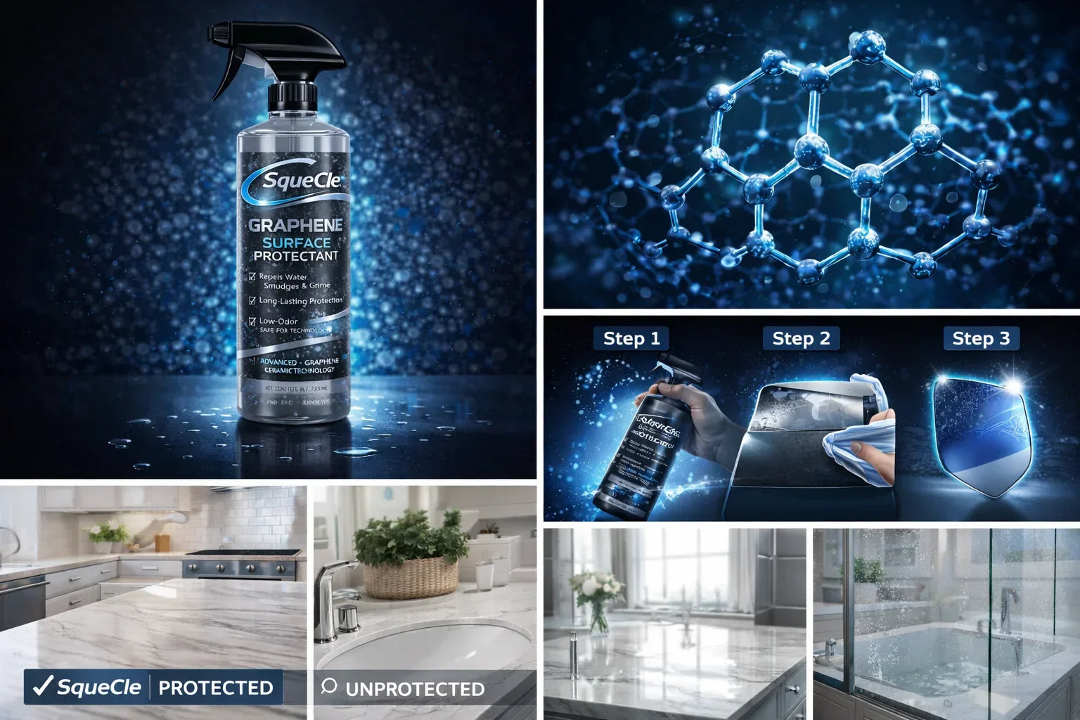 SqueCle Graphene Surface Protectant Spray – Advanced Ceramic Protection for Kitchen & Bathroom Surfaces (16 fl oz) - SqueCle