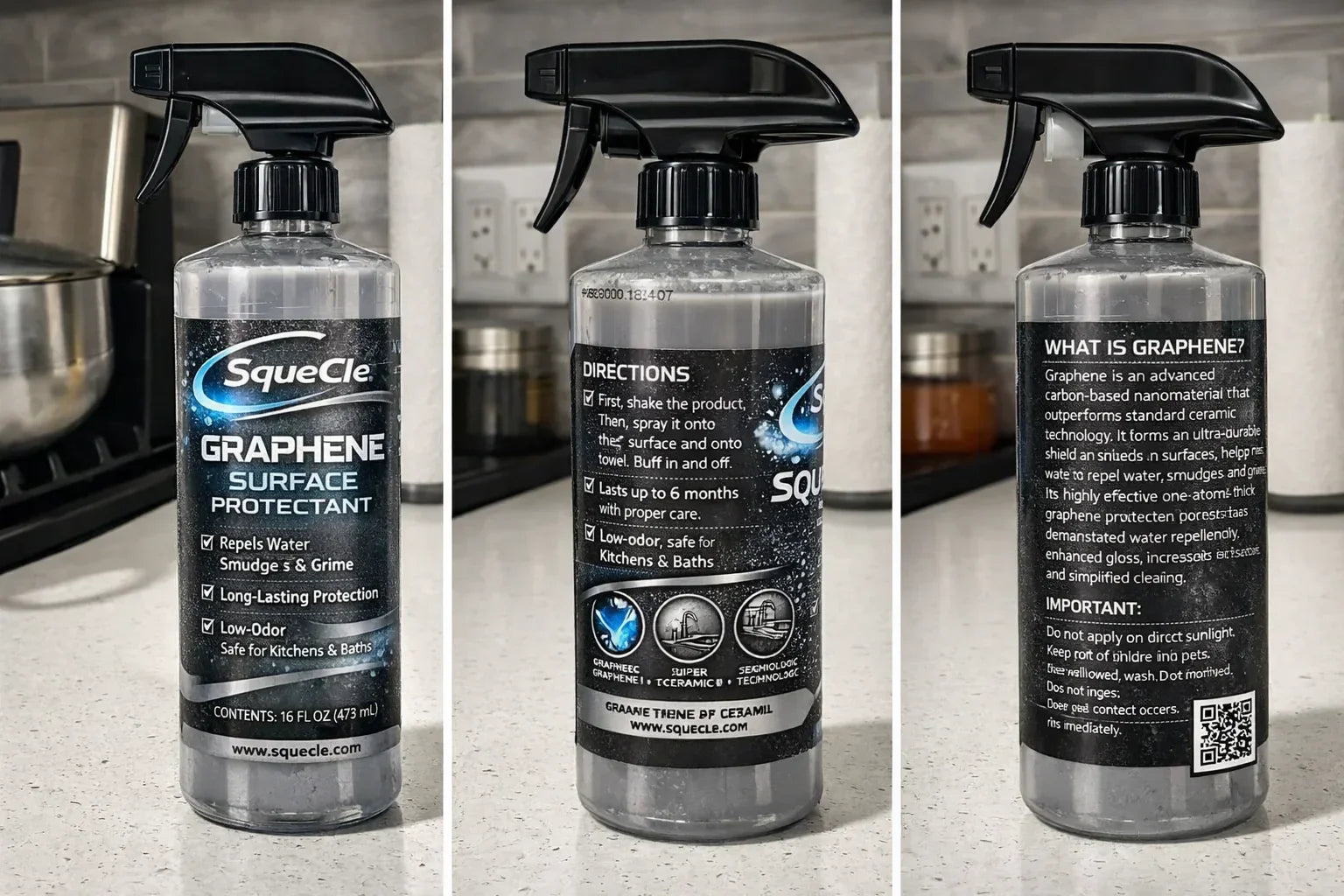 SqueCle Graphene Surface Protectant Spray – Advanced Ceramic Protection for Kitchen & Bathroom Surfaces (16 fl oz) - SqueCle