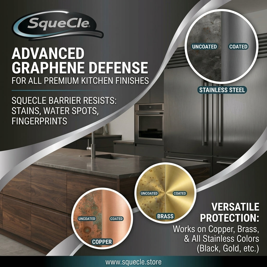 Promotional graphic for SqueCle Advanced Graphene Defense coating, showing a modern kitchen interior with stainless steel and wood finishes, plus circular close-up callouts labeled uncoated and coated on stainless steel, copper, and brass surfaces.