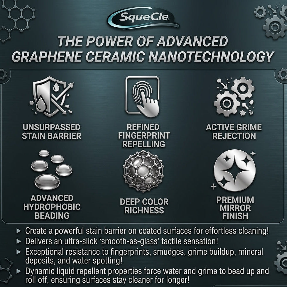 An infographic banner for SqueCle showcasing the benefits of advanced graphene ceramic nanotechnology. The design features a dark metallic teal background with a subtle honeycomb pattern, displaying six silver metallic icons and text describing features like 'Unsurpassed Stain Barrier', 'Refined Fingerprint Repelling', and 'Advanced Hydrophobic Beading'.
