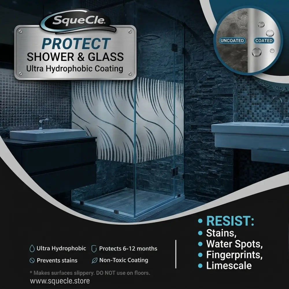 squecle graphene ceramic spray protects shower and glass from stains, water spots, fingerprints, limescale