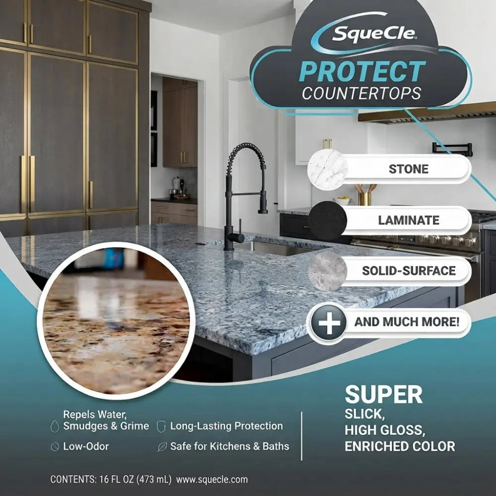 squecle graphene ceramic spray infographic shows protected countertop surfaces, stone, laminate, solid-surface and much more