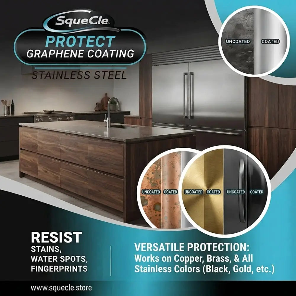 image showing kitchen, squecle graphene ceramic spray protects metals, copper, brass, stainless, works on all colors