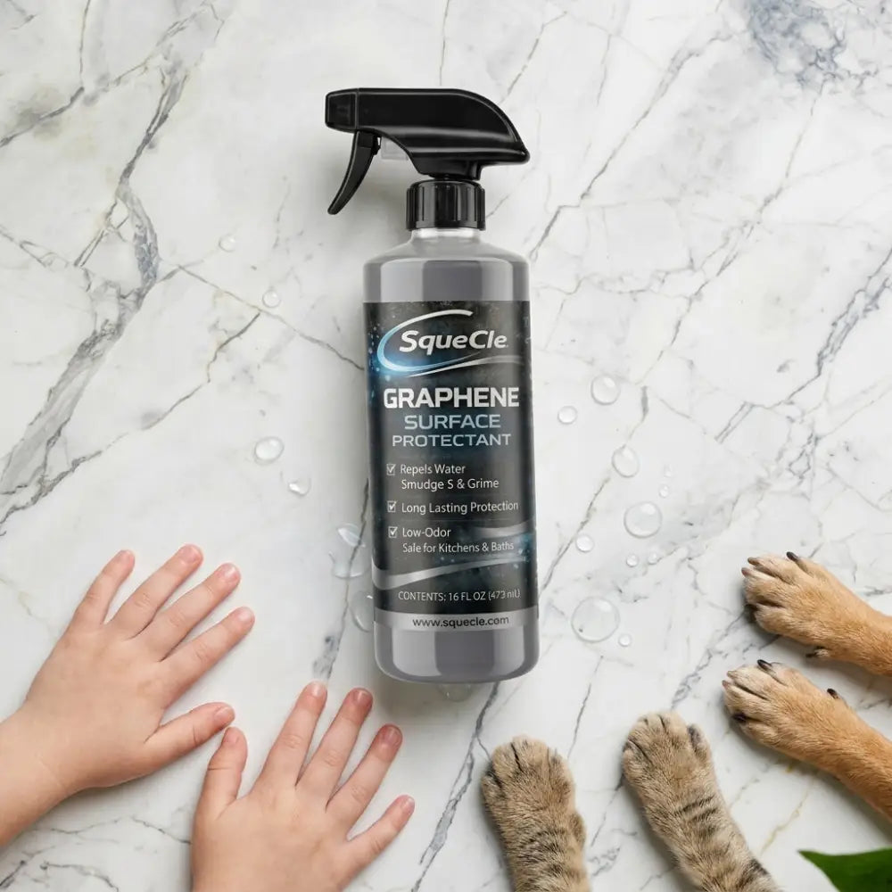 squecle graphene ceramic spray on counter, kids hands and pet paws shown, safe for families and pets.